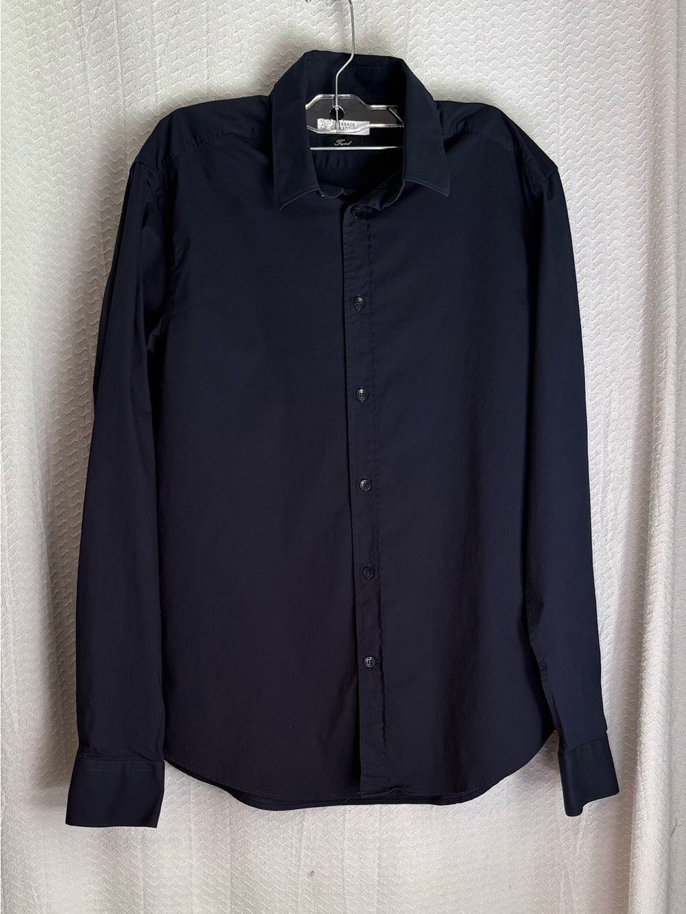 Versace collection trend line, long sleeve, dark navy blue dress shirt.  Size L